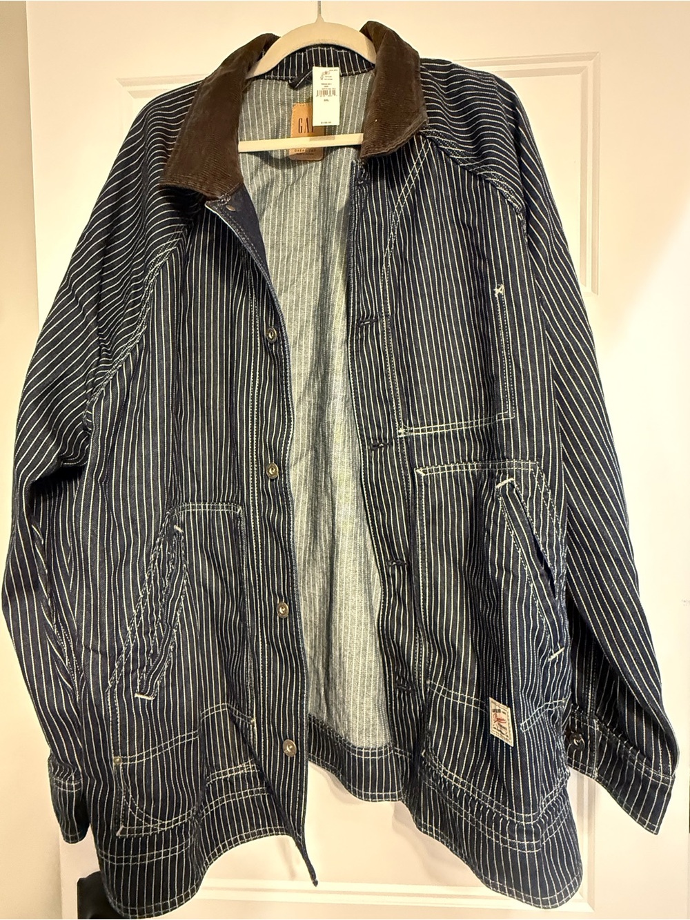 GAP Navy Pinstripe Jacket with Brown Corduroy Collar